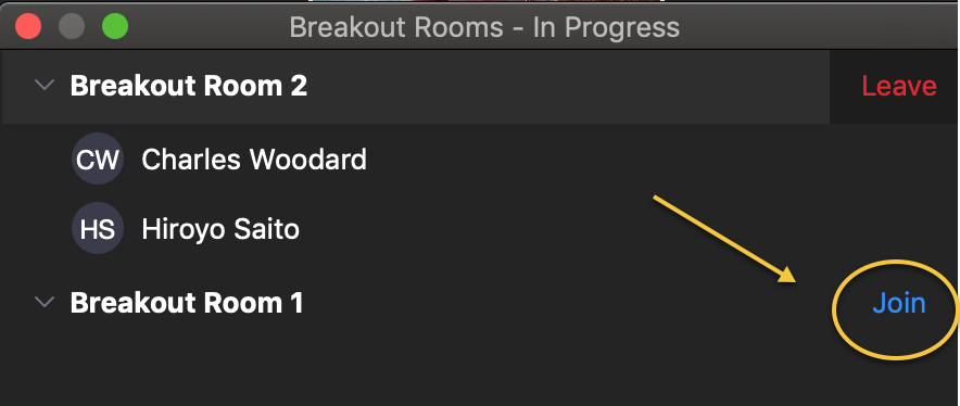 screenshot of breakout rooms pointing how co-hosts can join a different breakout room. 