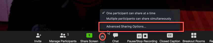 Advanced Sharing Options... highlighted for Share Screen
