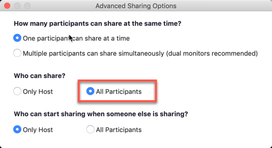 All Participants option highlighted in the Advanced Sharing Options for Screen Share