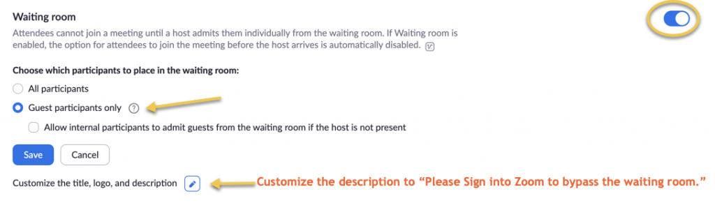 A screenshot showing Waiting Room enabled, choosing Guest participants only to be paced in the waiting room. A suggestion to customize the description for something like "Please sign into Zoom to bypass the waiting room."