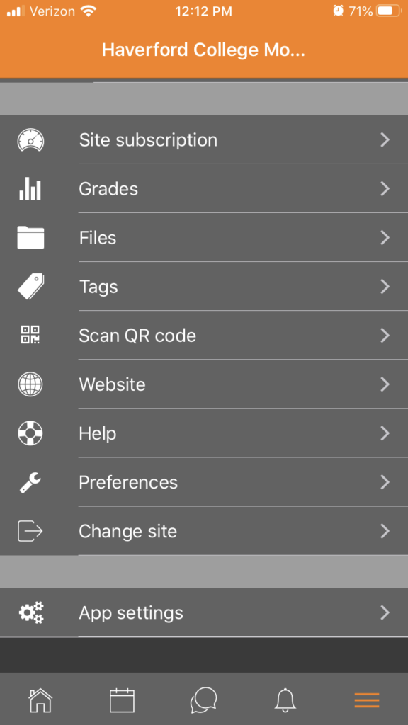 User settings in the Moodle mobile application. Select "Files" to access the copy of the PDF you are sharing.