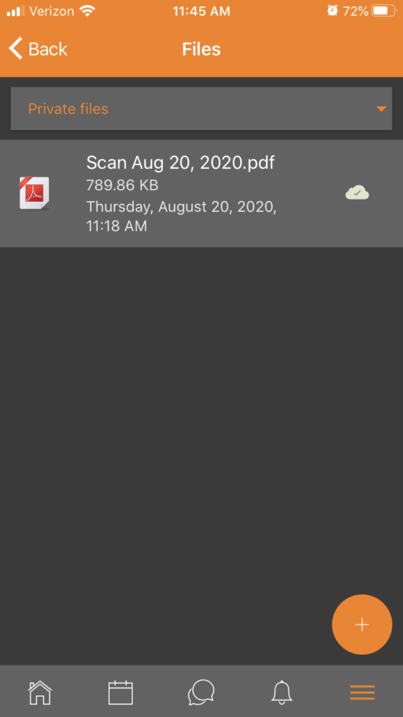The "Files" screen. Click on the large circular "+" button in the bottom right corner to add a file.