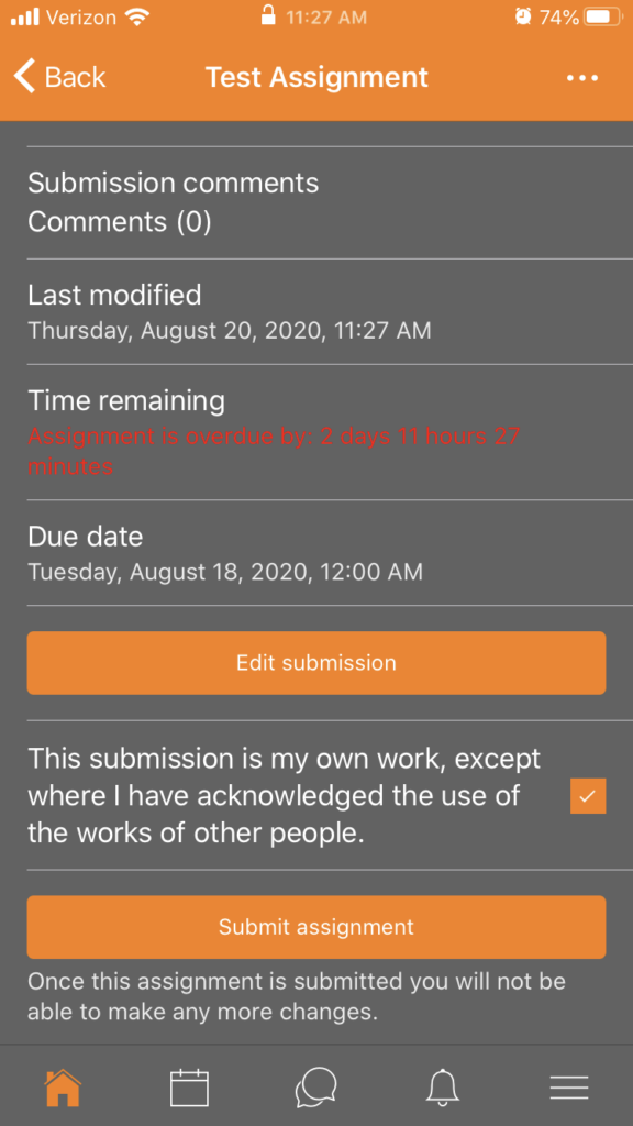 Confirmation screen for Moodle mobile application assignment submission.