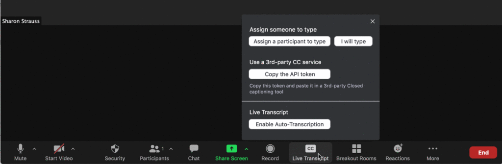 Illustration of the Zoom toolbar and where to find Live Transcript button