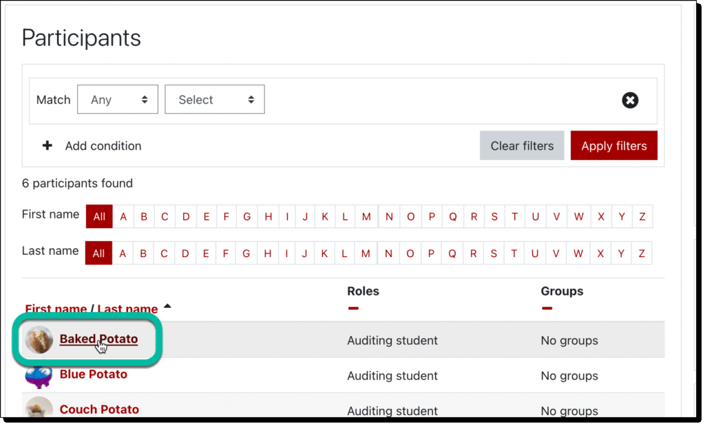 Student view of course participants does not show pronoun information. However, students can still see pronoun information in Moodle profiles.