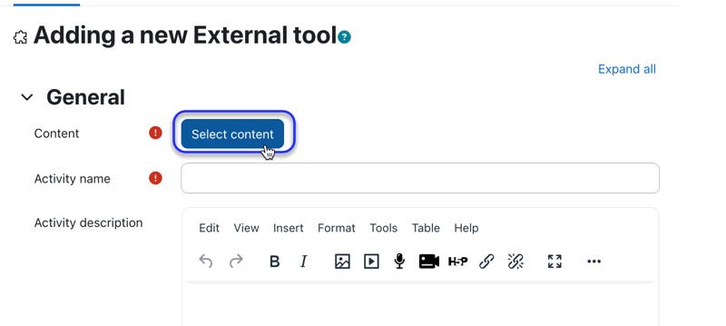 Illustration of showing the select content button in the Gradescope window.