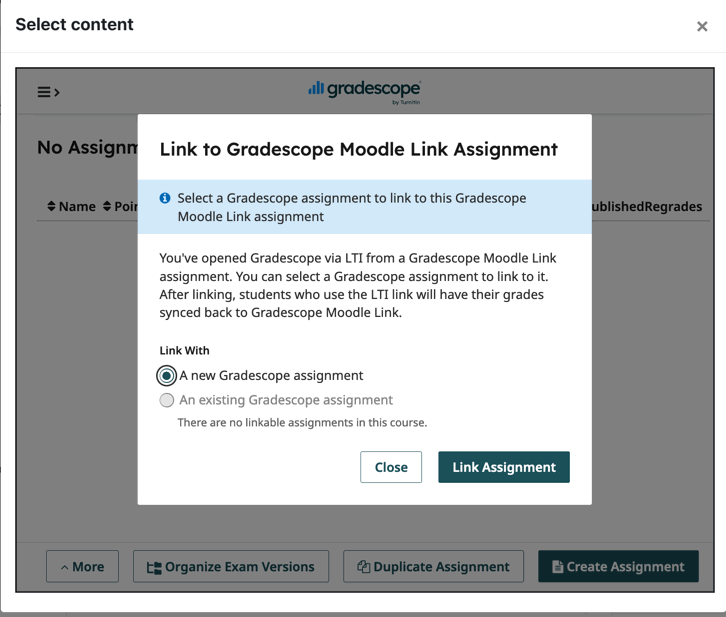 Illustration of option to create new Gradescope Assignment.