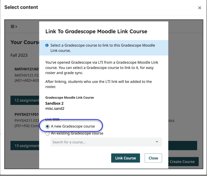 Illustration of Gradescope selection window the first time you link connect to a course.