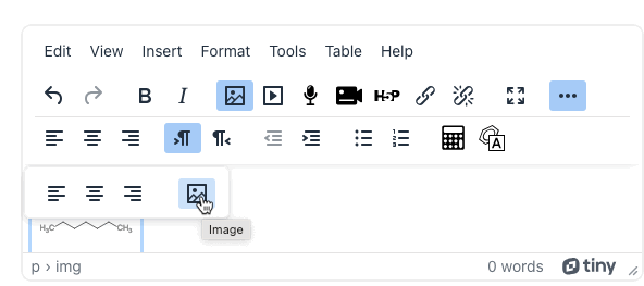 Illustration showing where to select the image option after selecting an image in the TinyMCE editor.