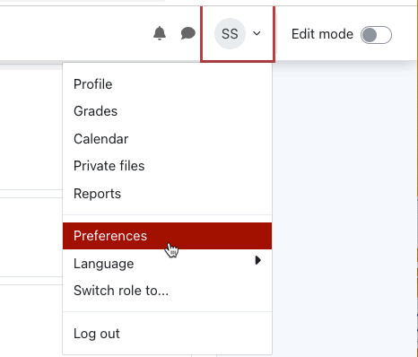 Illustration of Moodle  preferences option in the profile menu.