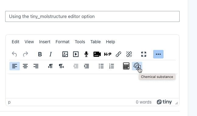 Illustration showing where to find the chemical substance icon on the TinyMCE toolbar, once the second icon row is visible.