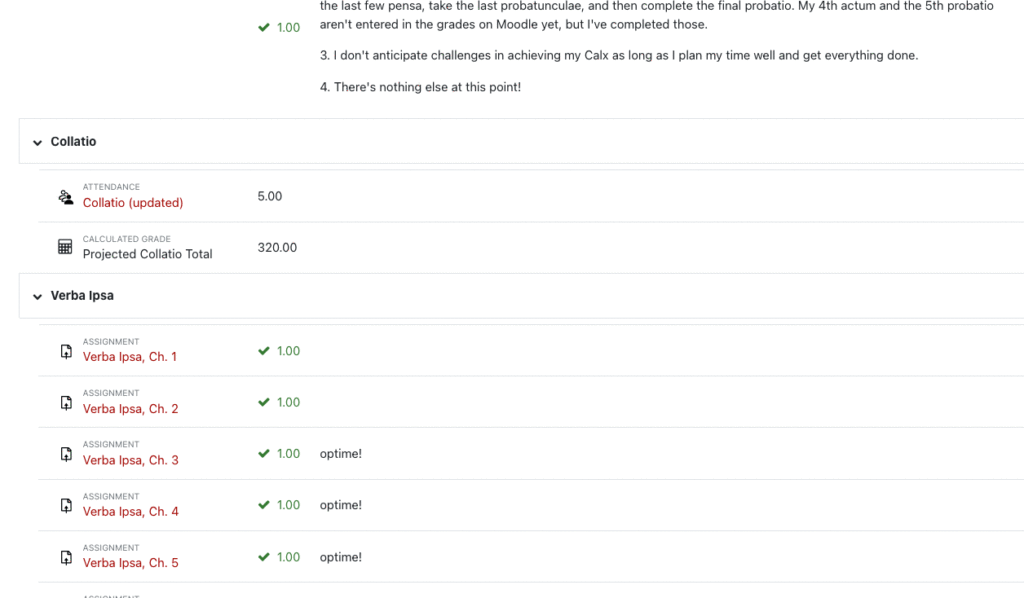 One student’s grade/feedback. Students see a mix of mostly ones or zeros, along with feedback comments.